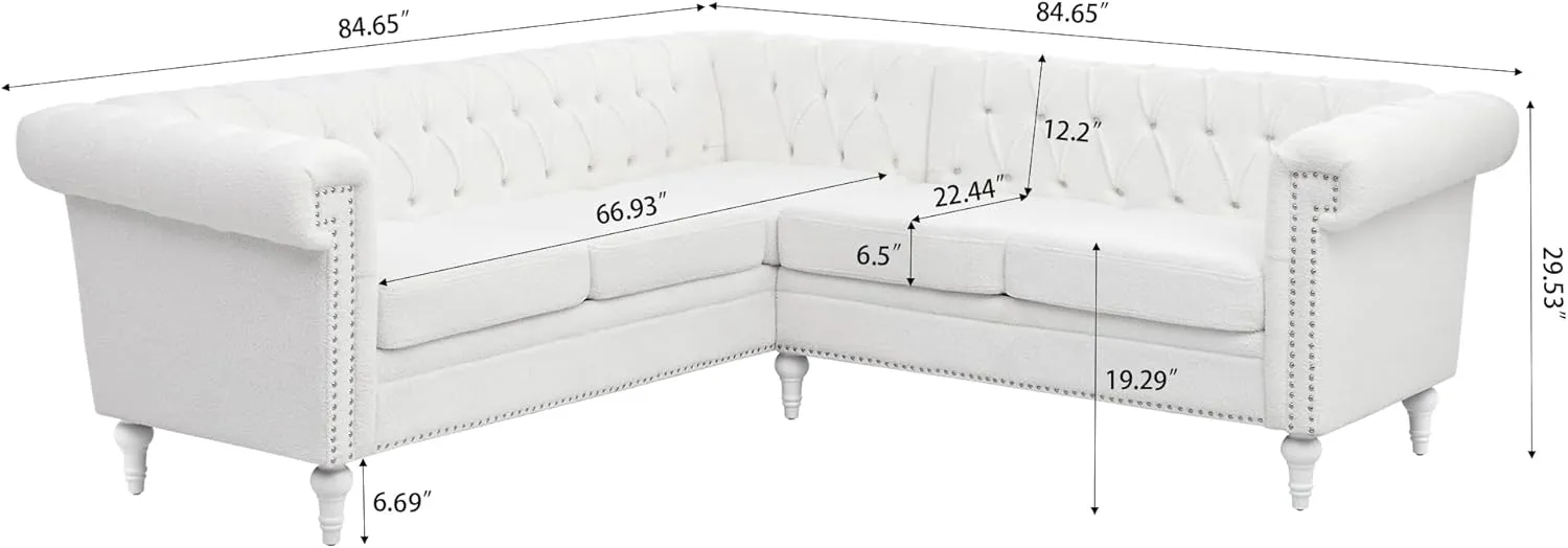 Clasic Chesterfield 5 Seater Corner Sofa&Couch Luxury Roller Armrest L-Shaped Symmetrical Sectional Sofa Couch Teddy Fleece Tufted Indoor Upholstered Sofá W/Wood Legs and Nailhead for Living Room