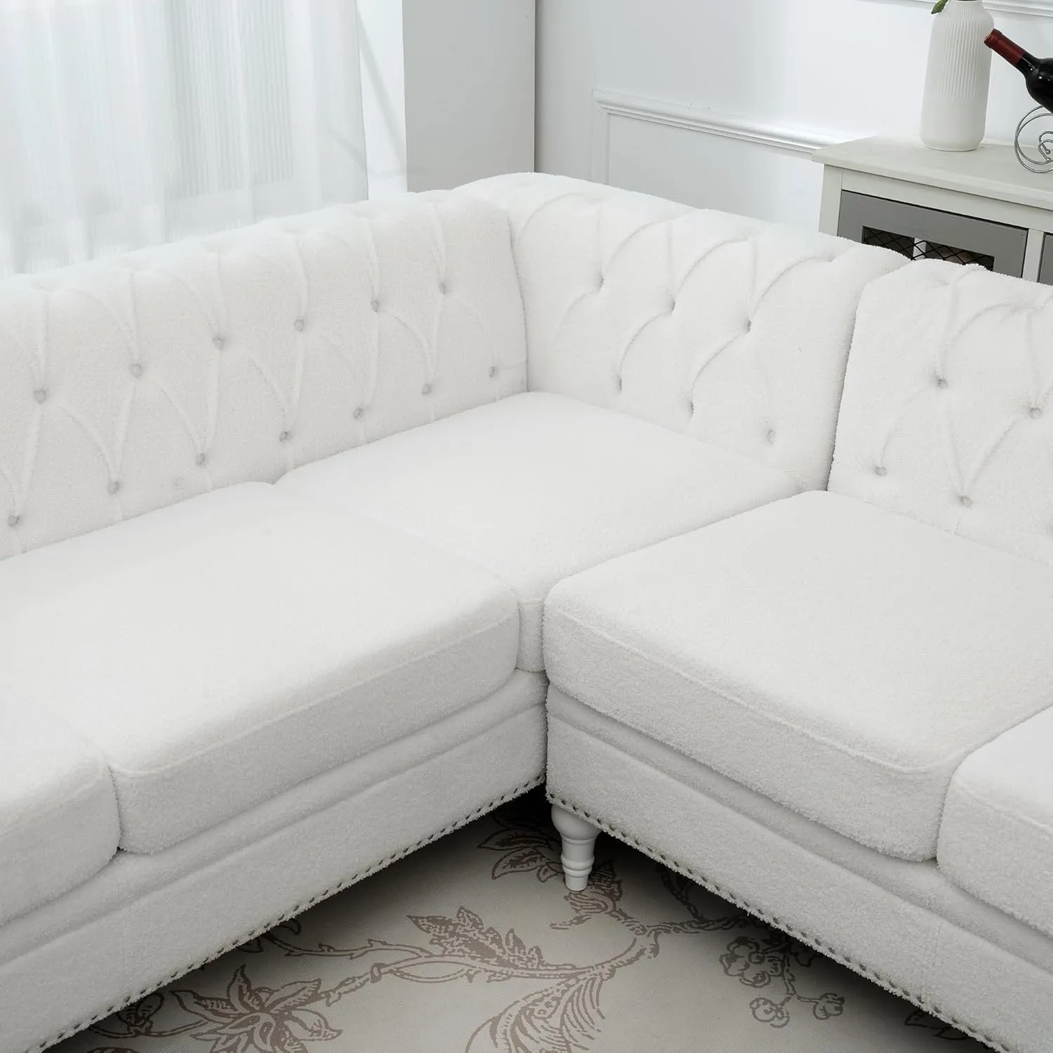 Clasic Chesterfield 5 Seater Corner Sofa&Couch Luxury Roller Armrest L-Shaped Symmetrical Sectional Sofa Couch Teddy Fleece Tufted Indoor Upholstered Sofá W/Wood Legs and Nailhead for Living Room