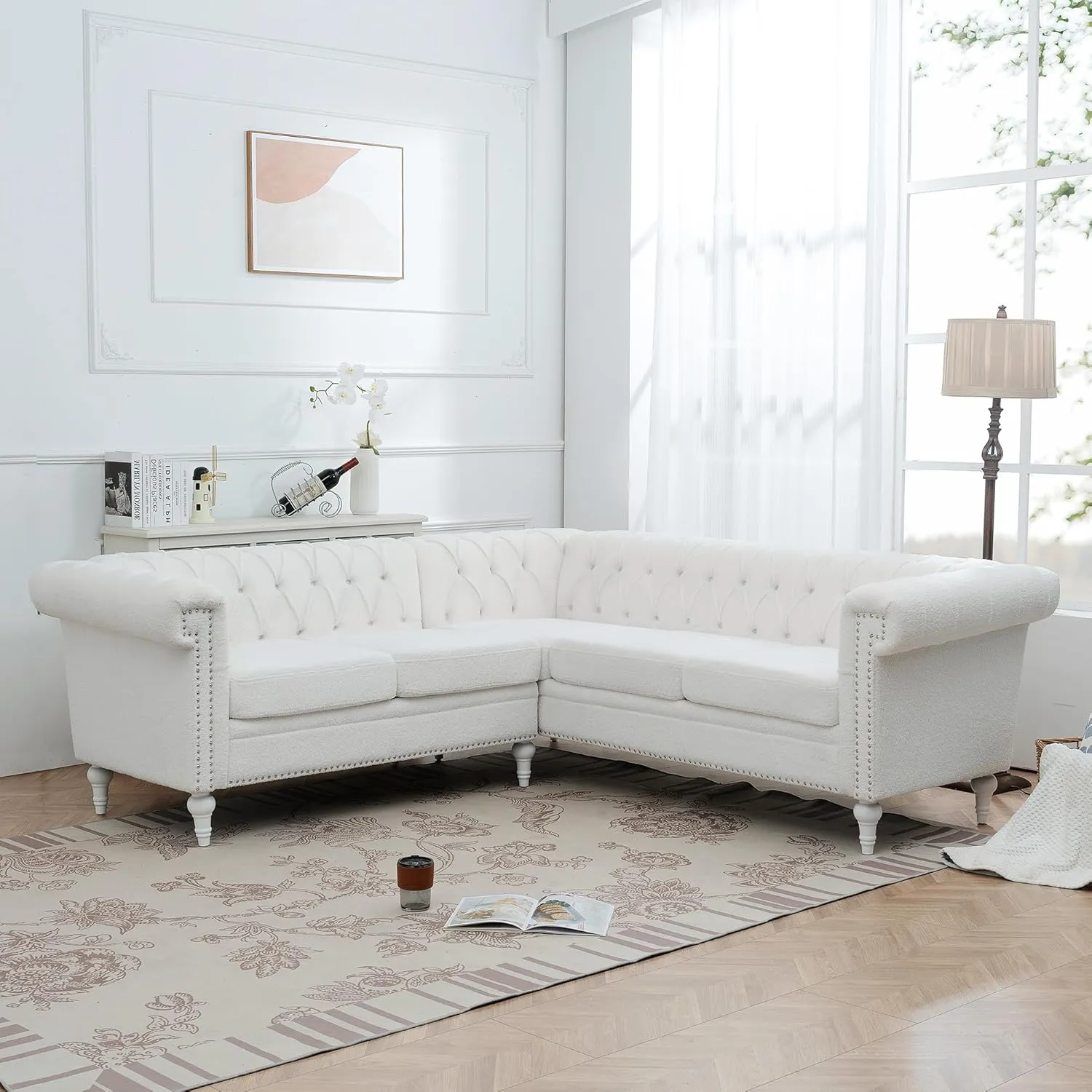 Clasic Chesterfield 5 Seater Corner Sofa&Couch Luxury Roller Armrest L-Shaped Symmetrical Sectional Sofa Couch Teddy Fleece Tufted Indoor Upholstered Sofá W/Wood Legs and Nailhead for Living Room