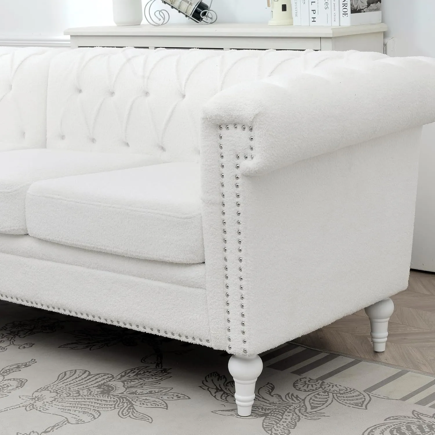 Clasic Chesterfield 5 Seater Corner Sofa&Couch Luxury Roller Armrest L-Shaped Symmetrical Sectional Sofa Couch Teddy Fleece Tufted Indoor Upholstered Sofá W/Wood Legs and Nailhead for Living Room