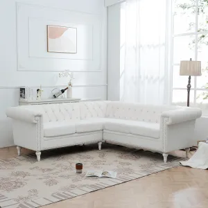 Clasic Chesterfield 5 Seater Corner Sofa&Couch Luxury Roller Armrest L-Shaped Symmetrical Sectional Sofa Couch Teddy Fleece Tufted Indoor Upholstered Sofá W/Wood Legs and Nailhead for Living Room