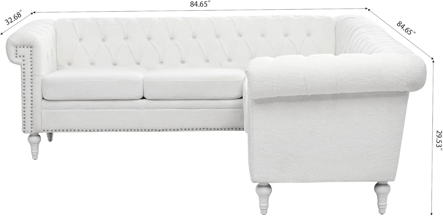 Clasic Chesterfield 5 Seater Corner Sofa&Couch Luxury Roller Armrest L-Shaped Symmetrical Sectional Sofa Couch Teddy Fleece Tufted Indoor Upholstered Sofá W/Wood Legs and Nailhead for Living Room