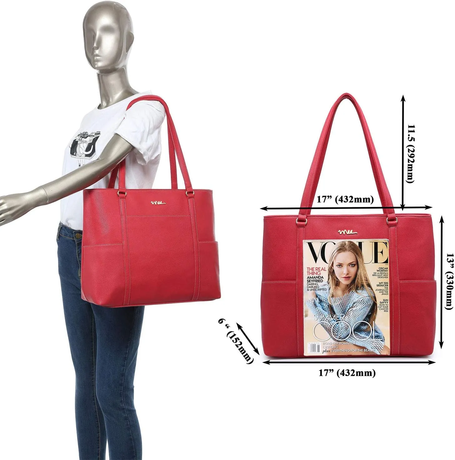 Classic Laptop Leather Tote Bag for 15 15.6 inch Notebook Computers Travel Carrying Bag with Smart Trolley Strap Design - Red