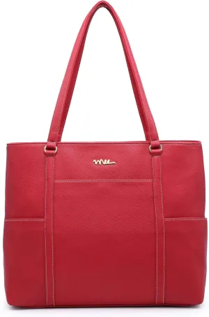 Classic Laptop Leather Tote Bag for 15 15.6 inch Notebook Computers Travel Carrying Bag with Smart Trolley Strap Design - Red