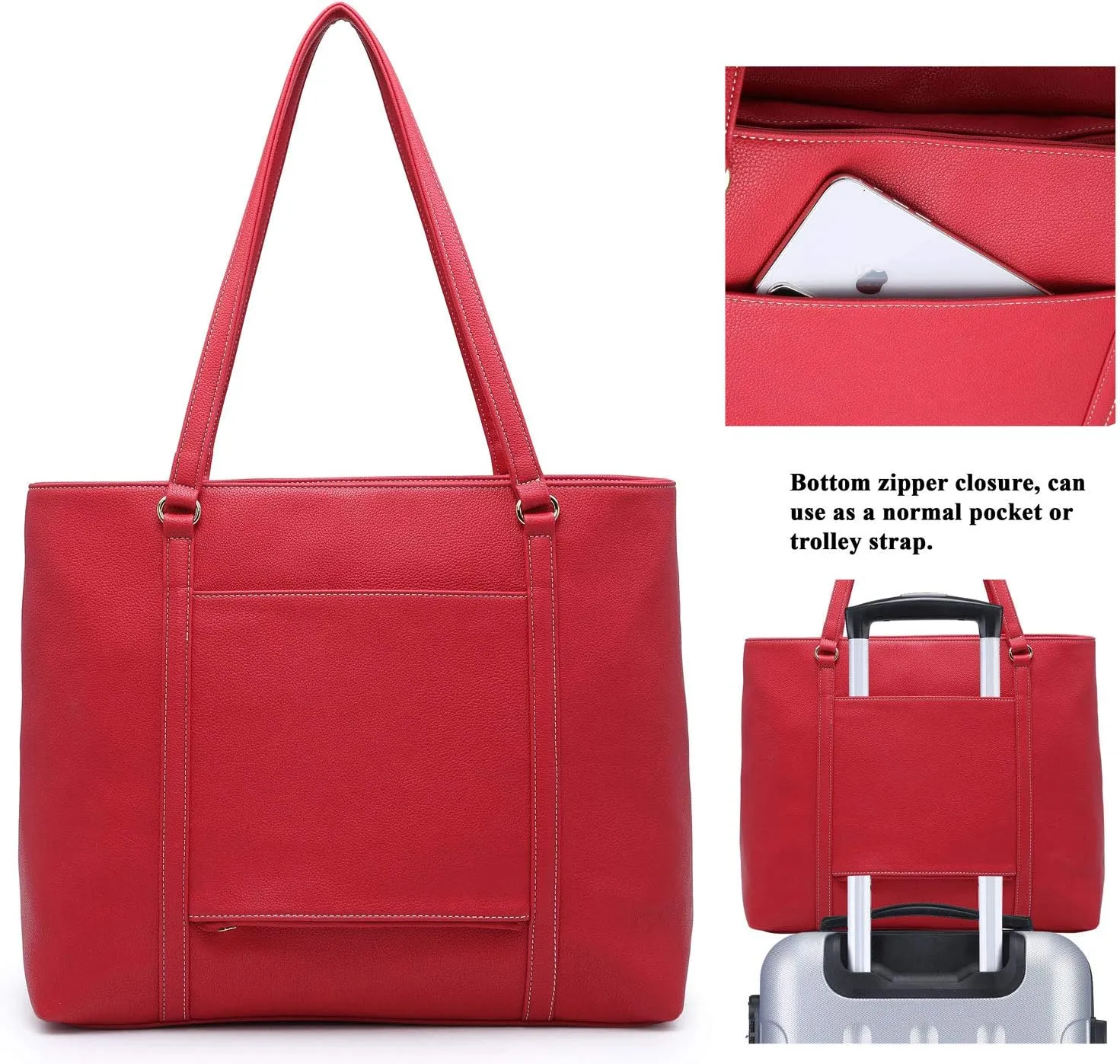 Classic Laptop Leather Tote Bag for 15 15.6 inch Notebook Computers Travel Carrying Bag with Smart Trolley Strap Design - Red