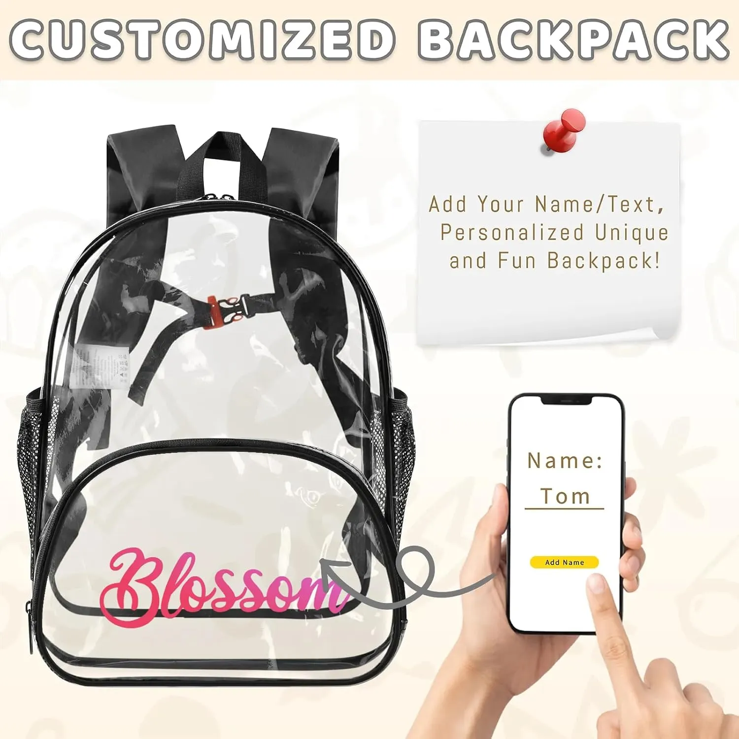 Clear Bookbag Personalized Gradient Name Transparent Black Backpack, Custom See Through Travel Sport Plastic Back Pack PVC with Reinforced Strap, Waterproof