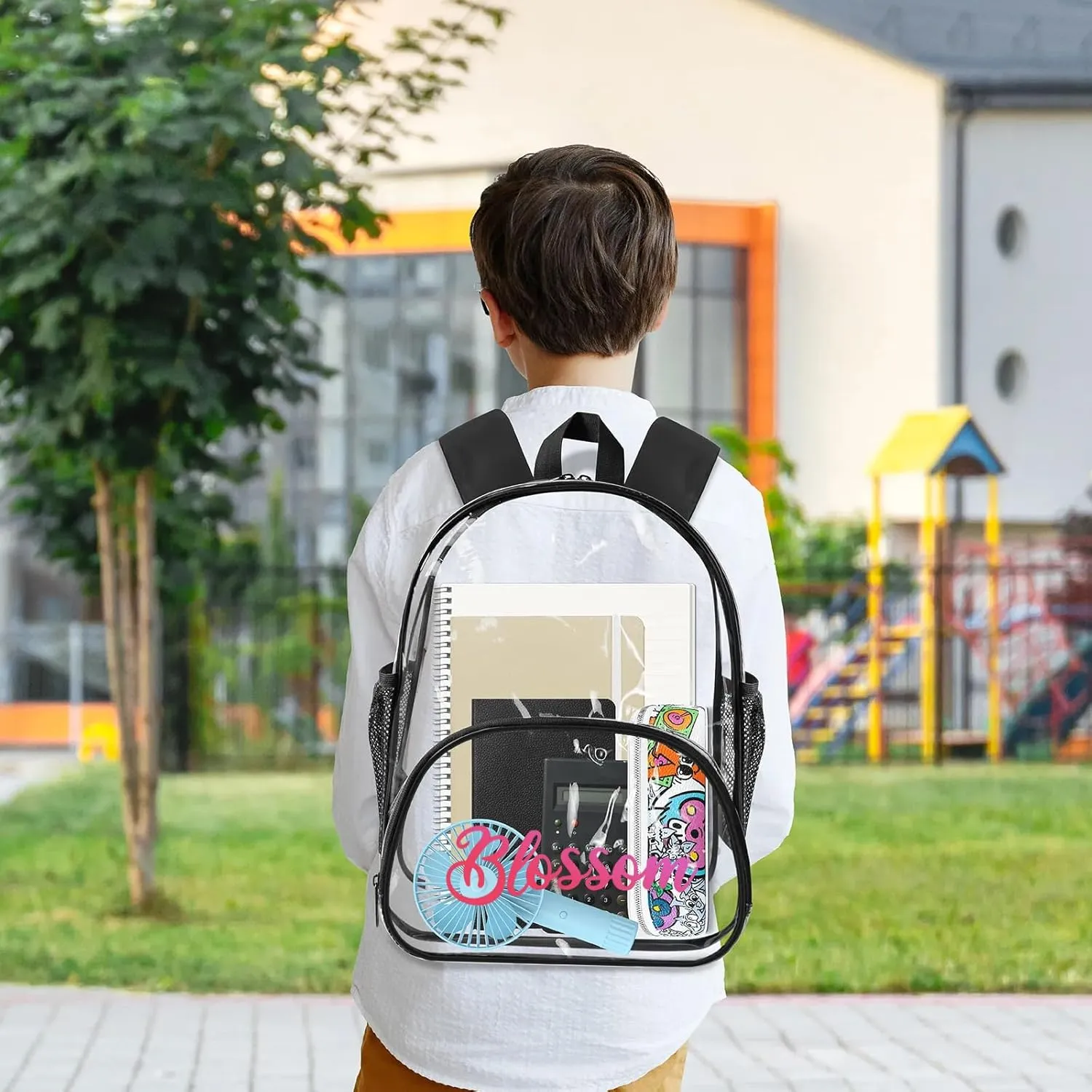 Clear Bookbag Personalized Gradient Name Transparent Black Backpack, Custom See Through Travel Sport Plastic Back Pack PVC with Reinforced Strap, Waterproof