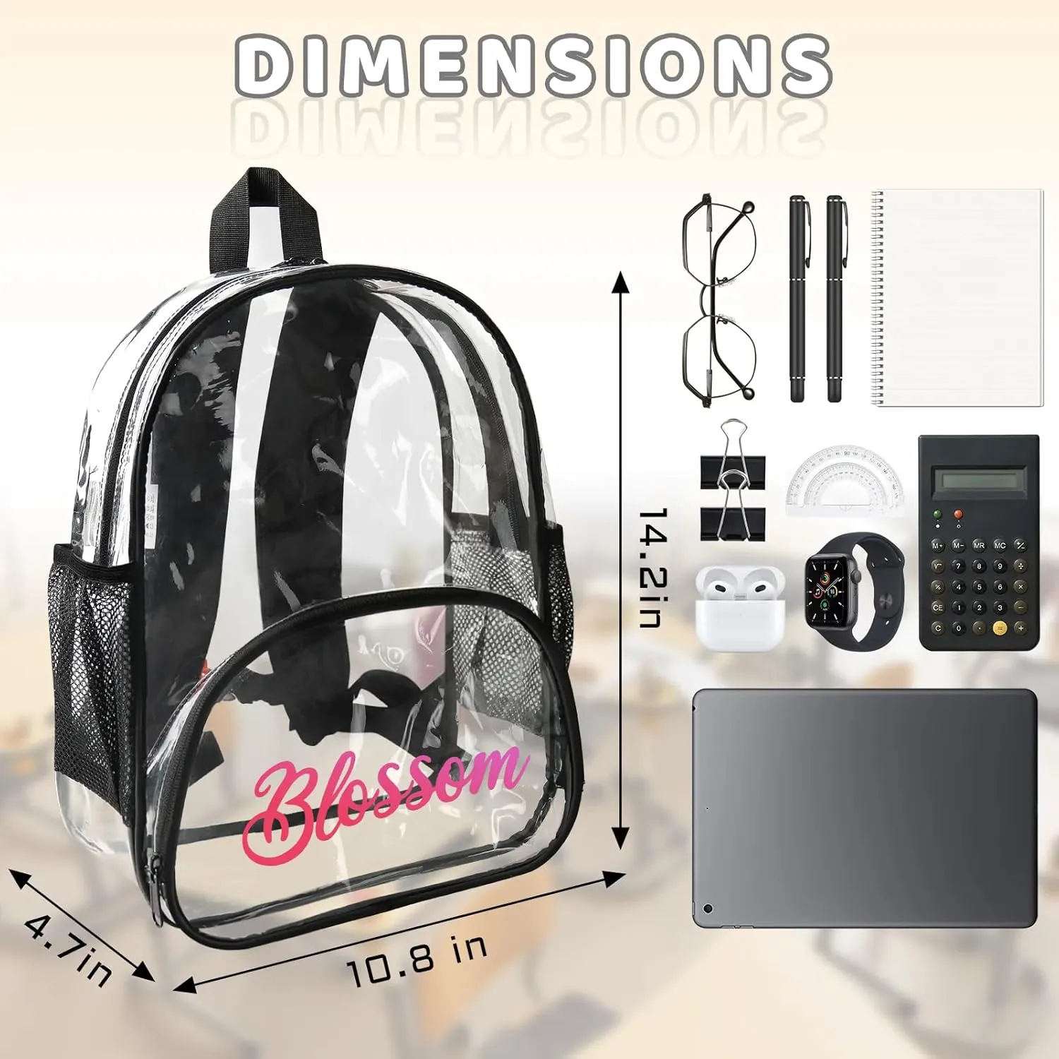 Clear Bookbag Personalized Gradient Name Transparent Black Backpack, Custom See Through Travel Sport Plastic Back Pack PVC with Reinforced Strap, Waterproof