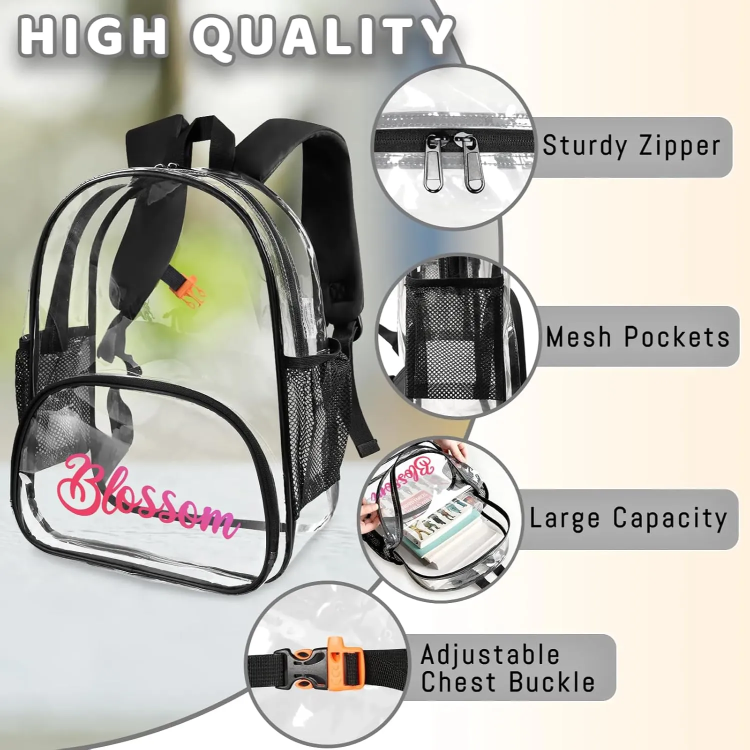 Clear Bookbag Personalized Gradient Name Transparent Black Backpack, Custom See Through Travel Sport Plastic Back Pack PVC with Reinforced Strap, Waterproof