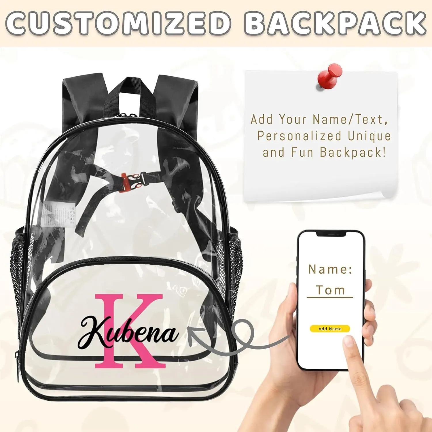 Clear Bookbag Personalized Name Initial Transparent Black Backpack, Custom See Through Travel Sport Back Pack PVC Plastic with Reinforced Strap, Waterproof