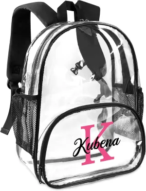Clear Bookbag Personalized Name Initial Transparent Black Backpack, Custom See Through Travel Sport Back Pack PVC Plastic with Reinforced Strap, Waterproof