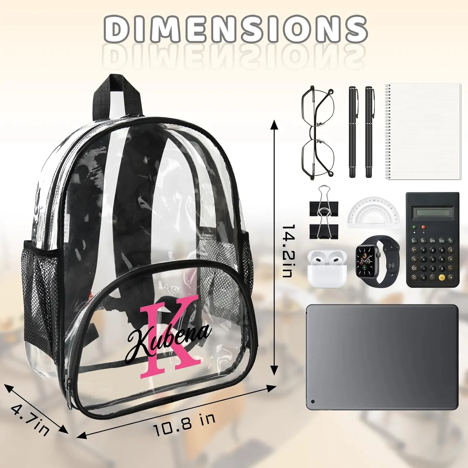 Clear Bookbag Personalized Name Initial Transparent Black Backpack, Custom See Through Travel Sport Back Pack PVC Plastic with Reinforced Strap, Waterproof