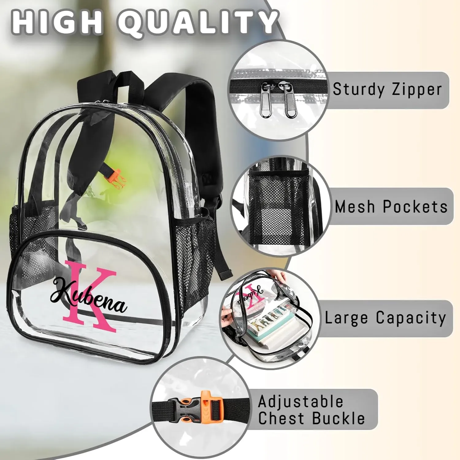 Clear Bookbag Personalized Name Initial Transparent Black Backpack, Custom See Through Travel Sport Back Pack PVC Plastic with Reinforced Strap, Waterproof