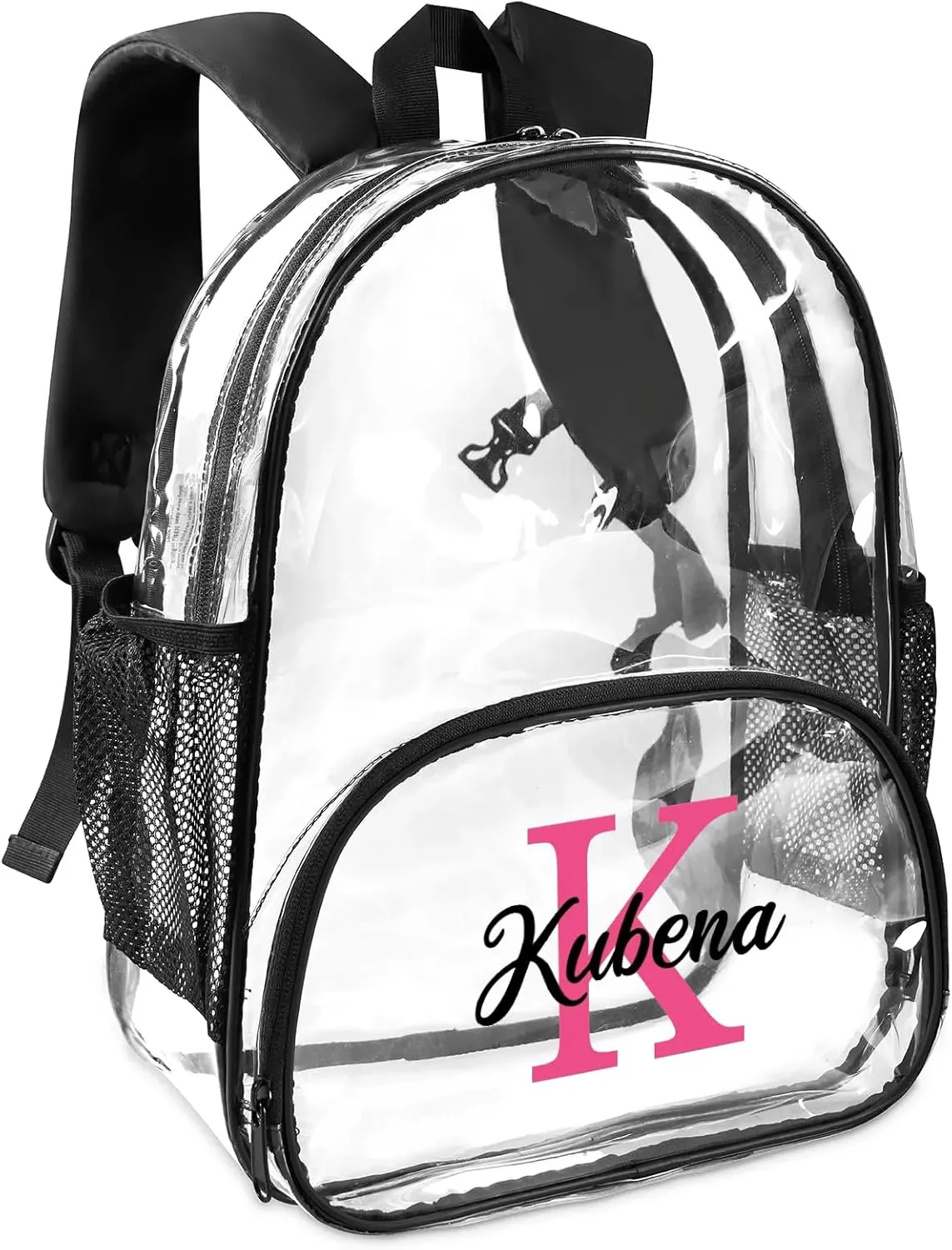 Clear Bookbag Personalized Name Initial Transparent Black Backpack, Custom See Through Travel Sport Back Pack PVC Plastic with Reinforced Strap, Waterproof