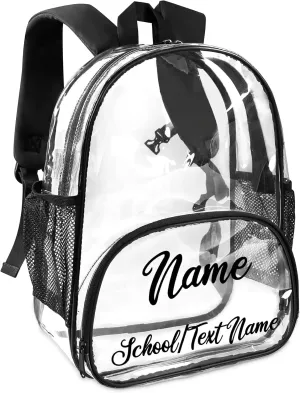 Clear Bookbag Personalized Name Transparent Black Backpack, Custom See Through Sport Travel Plastic Back Pack PVC with Reinforced Strap, Waterproof