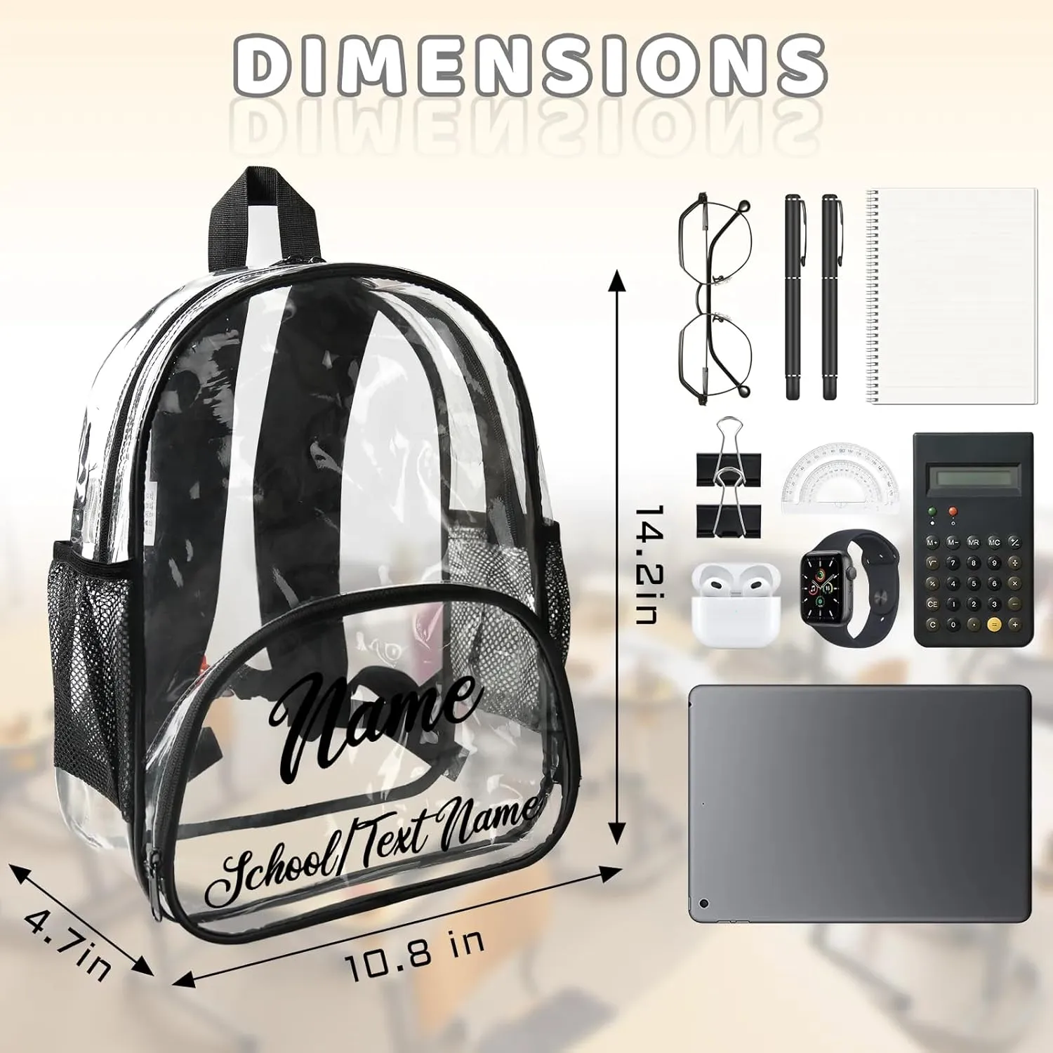 Clear Bookbag Personalized Name Transparent Black Backpack, Custom See Through Sport Travel Plastic Back Pack PVC with Reinforced Strap, Waterproof
