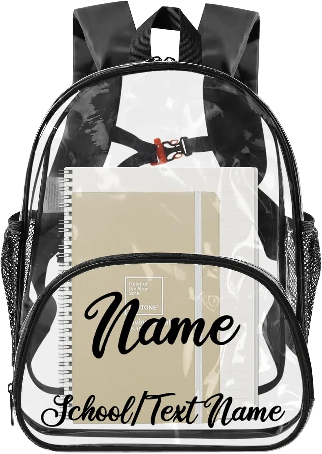 Clear Bookbag Personalized Name Transparent Black Backpack, Custom See Through Sport Travel Plastic Back Pack PVC with Reinforced Strap, Waterproof
