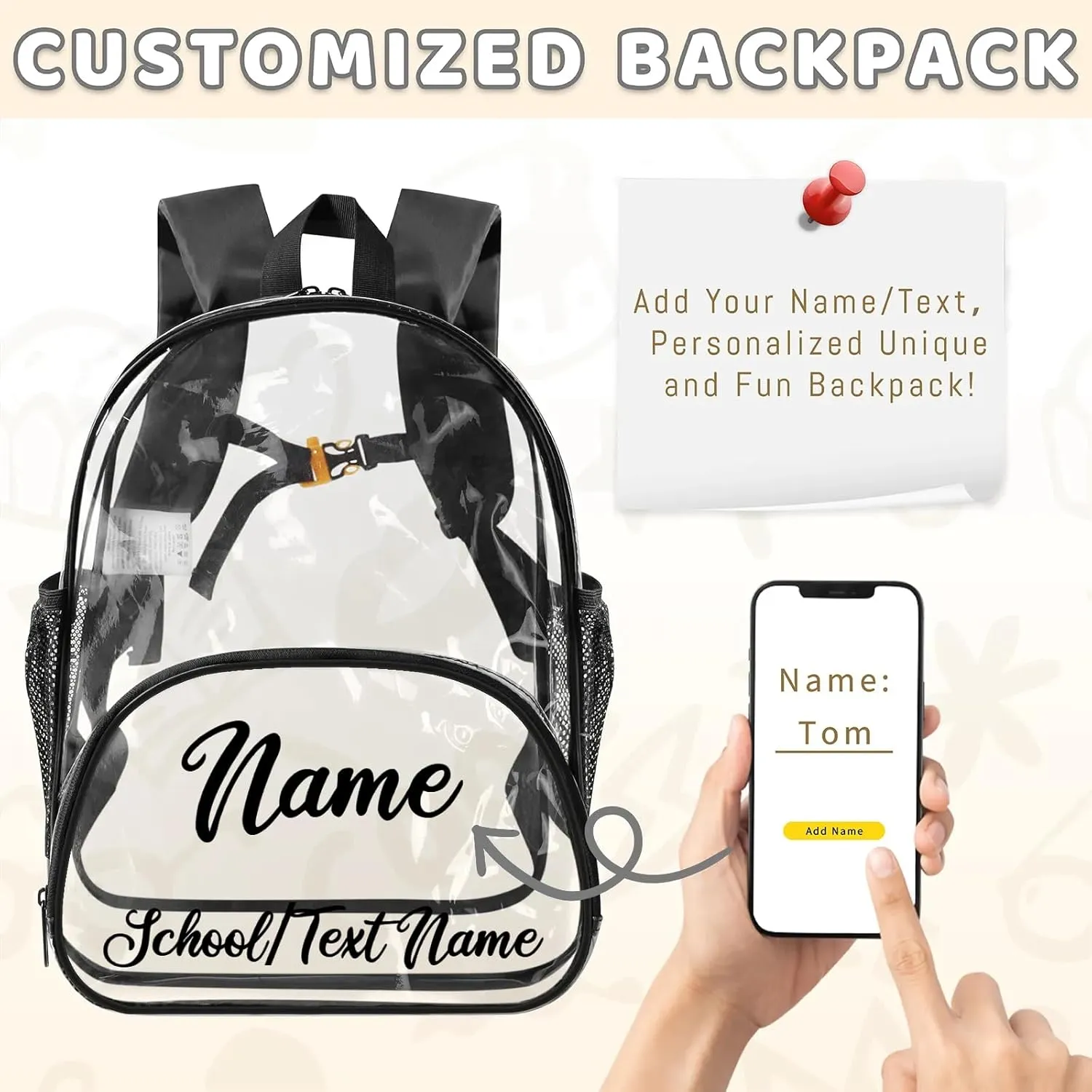 Clear Bookbag Personalized Name Transparent Black Backpack, Custom See Through Sport Travel Plastic Back Pack PVC with Reinforced Strap, Waterproof