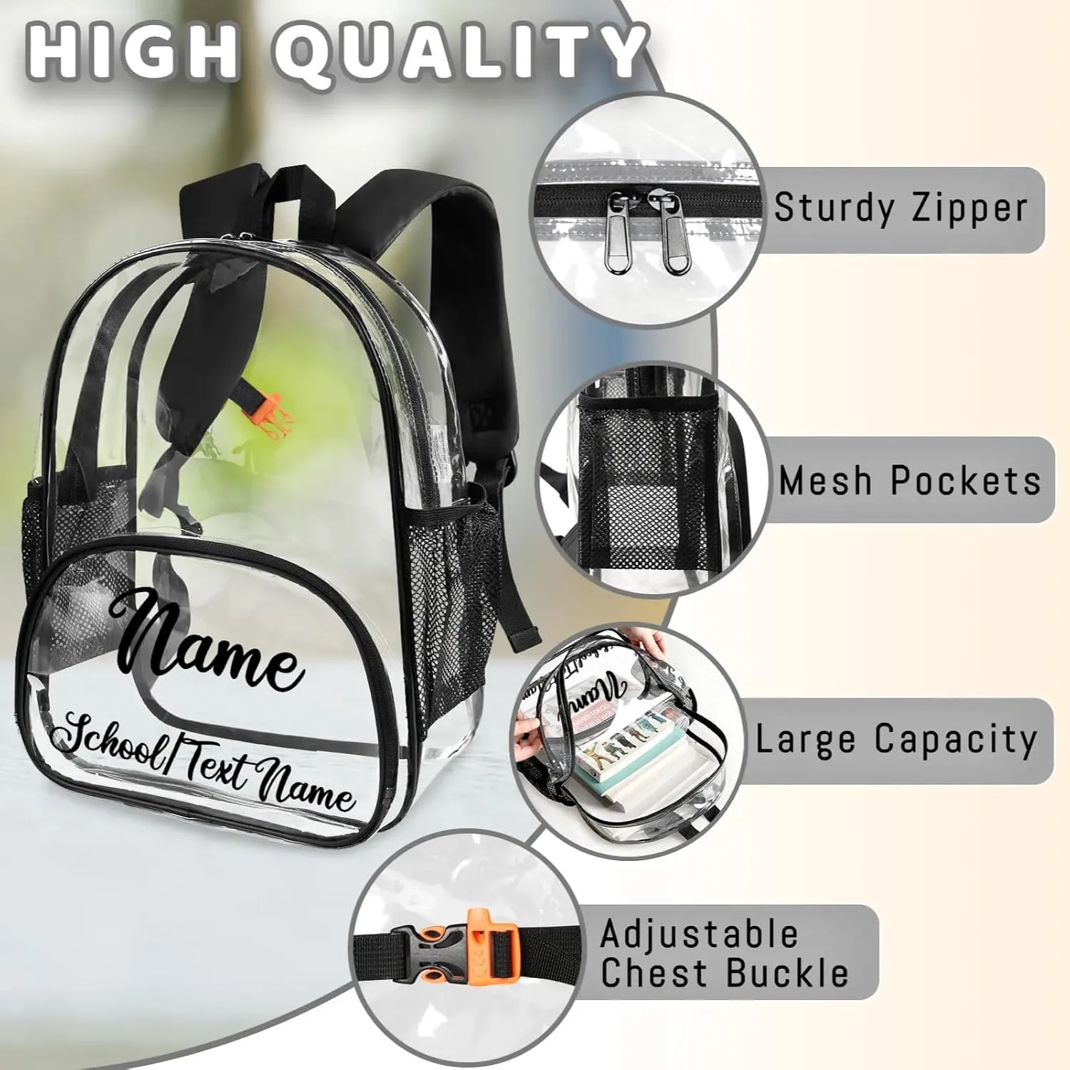 Clear Bookbag Personalized Name Transparent Black Backpack, Custom See Through Sport Travel Plastic Back Pack PVC with Reinforced Strap, Waterproof