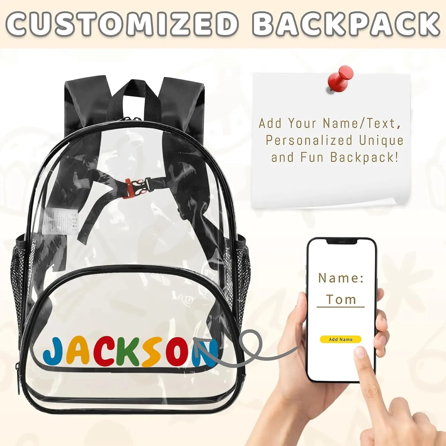 Clear Bookbag Personalized Name Transparent Black Backpack, Custom See Through Travel Sport Plastic Back Pack PVC with Reinforced Strap, Waterproof