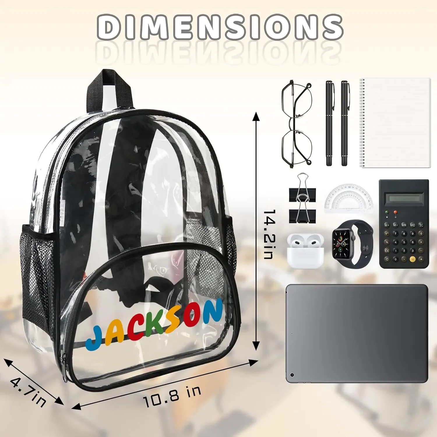 Clear Bookbag Personalized Name Transparent Black Backpack, Custom See Through Travel Sport Plastic Back Pack PVC with Reinforced Strap, Waterproof