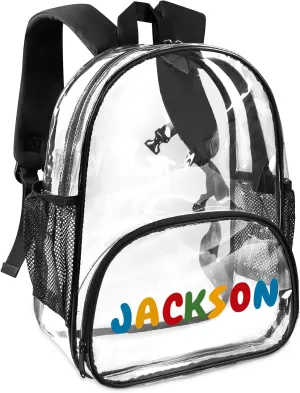 Clear Bookbag Personalized Name Transparent Black Backpack, Custom See Through Travel Sport Plastic Back Pack PVC with Reinforced Strap, Waterproof