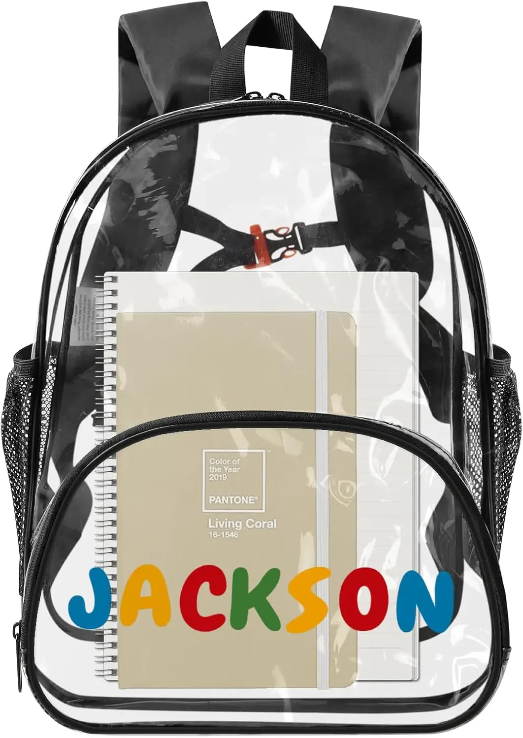 Clear Bookbag Personalized Name Transparent Black Backpack, Custom See Through Travel Sport Plastic Back Pack PVC with Reinforced Strap, Waterproof