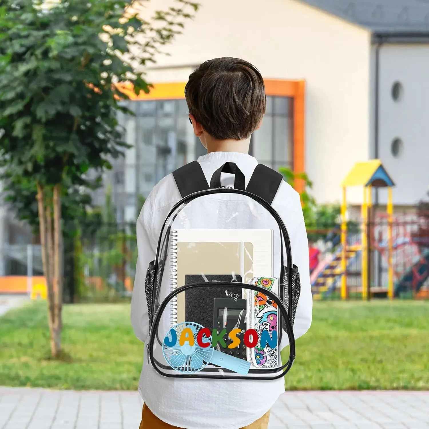 Clear Bookbag Personalized Name Transparent Black Backpack, Custom See Through Travel Sport Plastic Back Pack PVC with Reinforced Strap, Waterproof