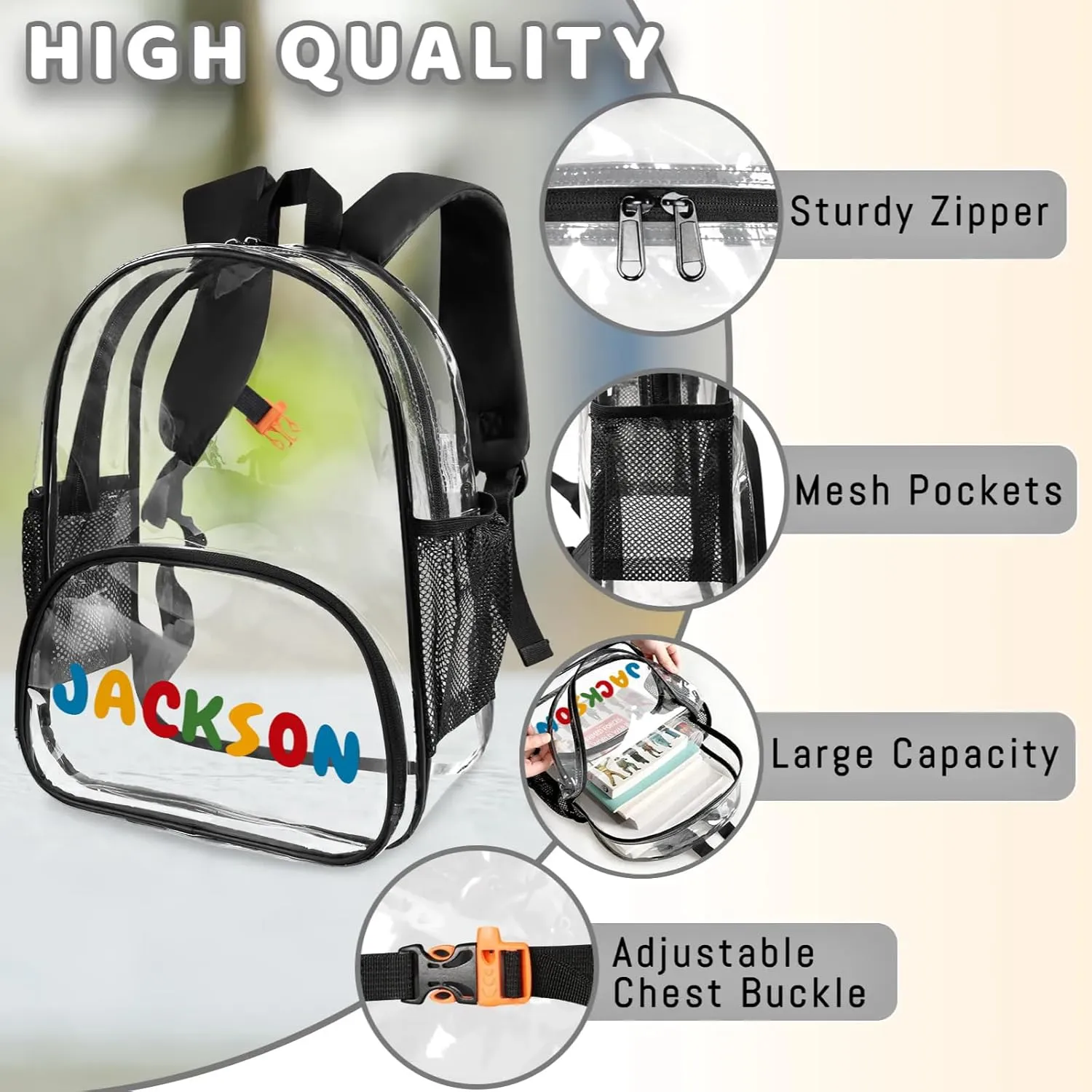 Clear Bookbag Personalized Name Transparent Black Backpack, Custom See Through Travel Sport Plastic Back Pack PVC with Reinforced Strap, Waterproof