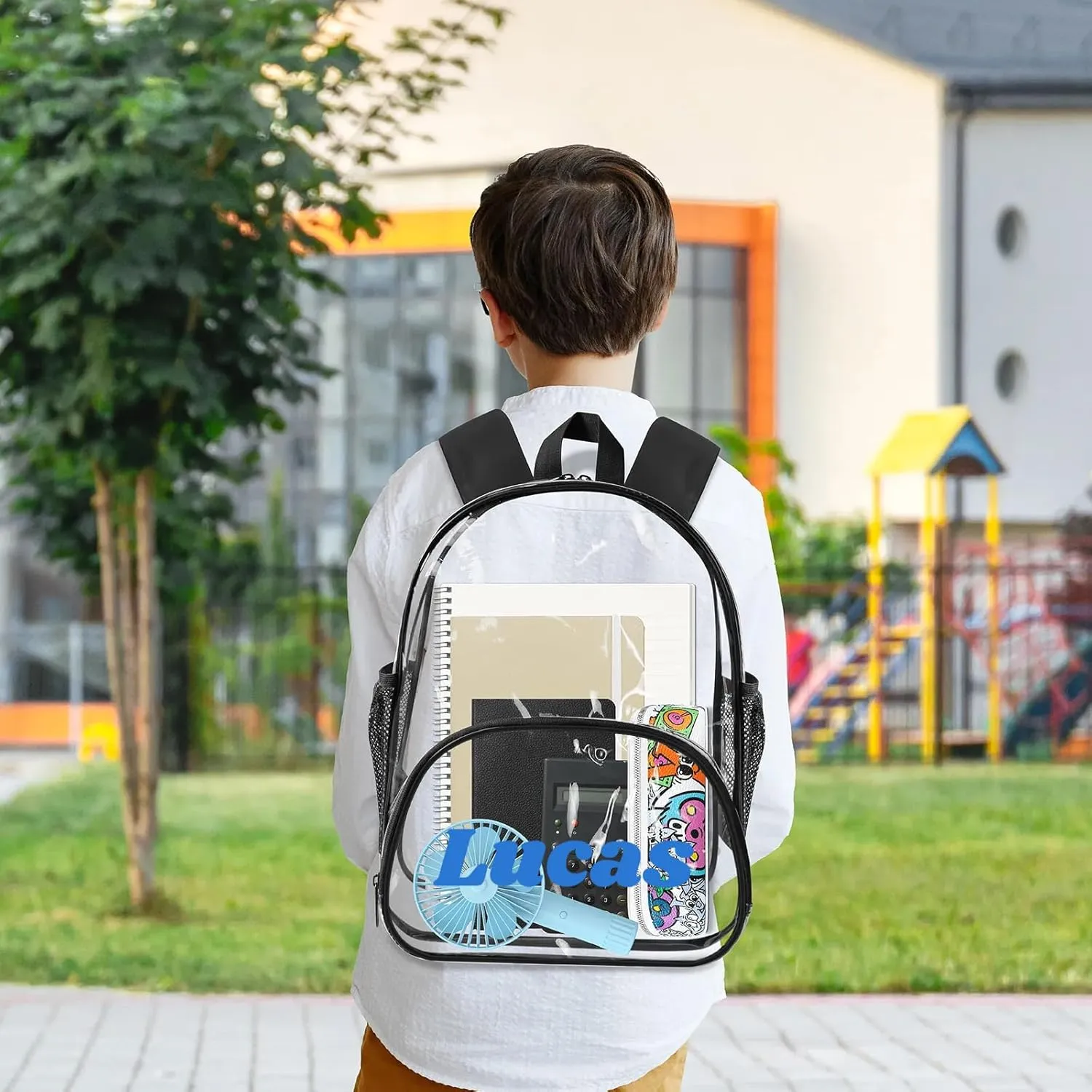 Clear Bookbag Personalized Name Transparent Black Backpack, Custom See Through Travel Sport Plastic Waterproof Back Pack PVC with Reinforced Strap