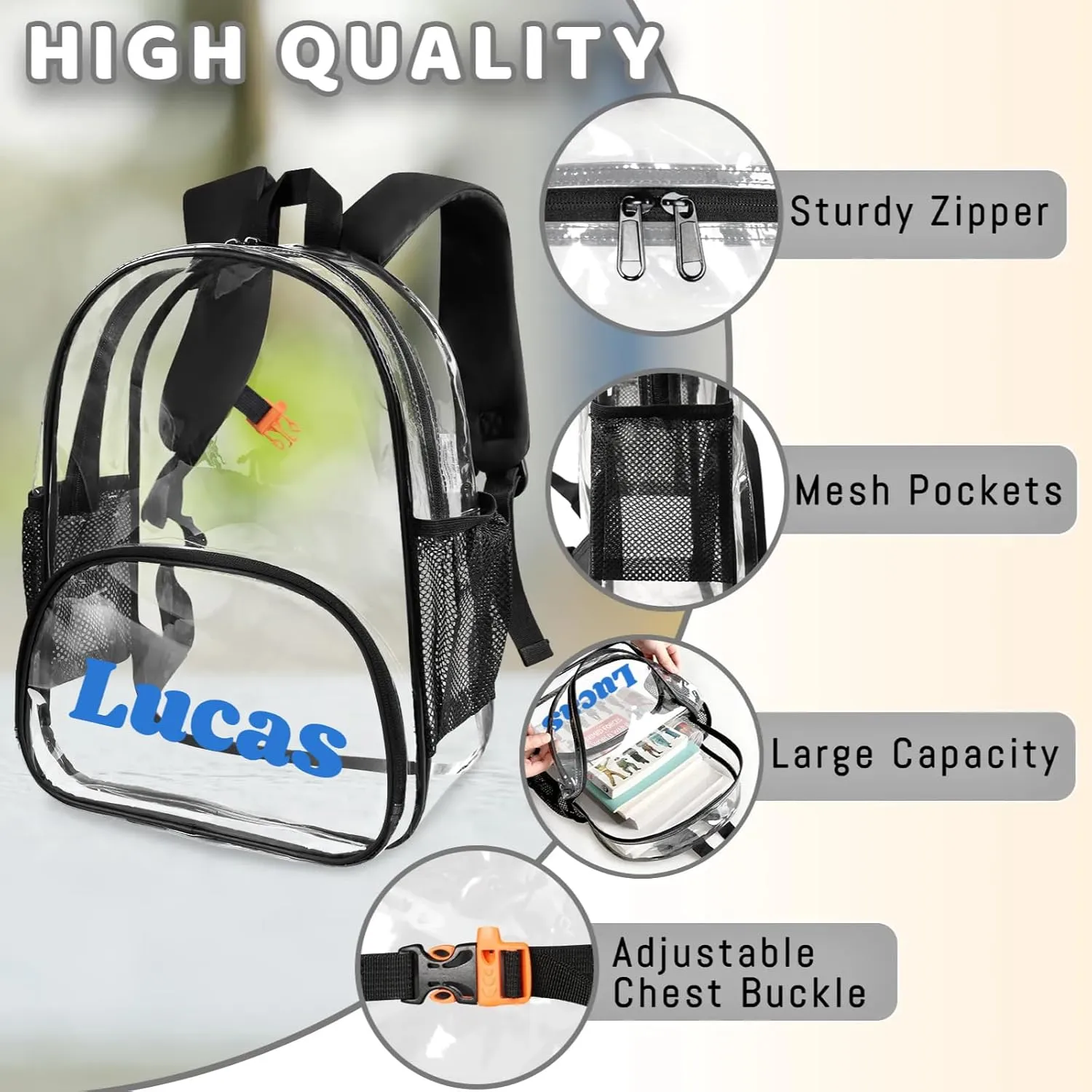 Clear Bookbag Personalized Name Transparent Black Backpack, Custom See Through Travel Sport Plastic Waterproof Back Pack PVC with Reinforced Strap