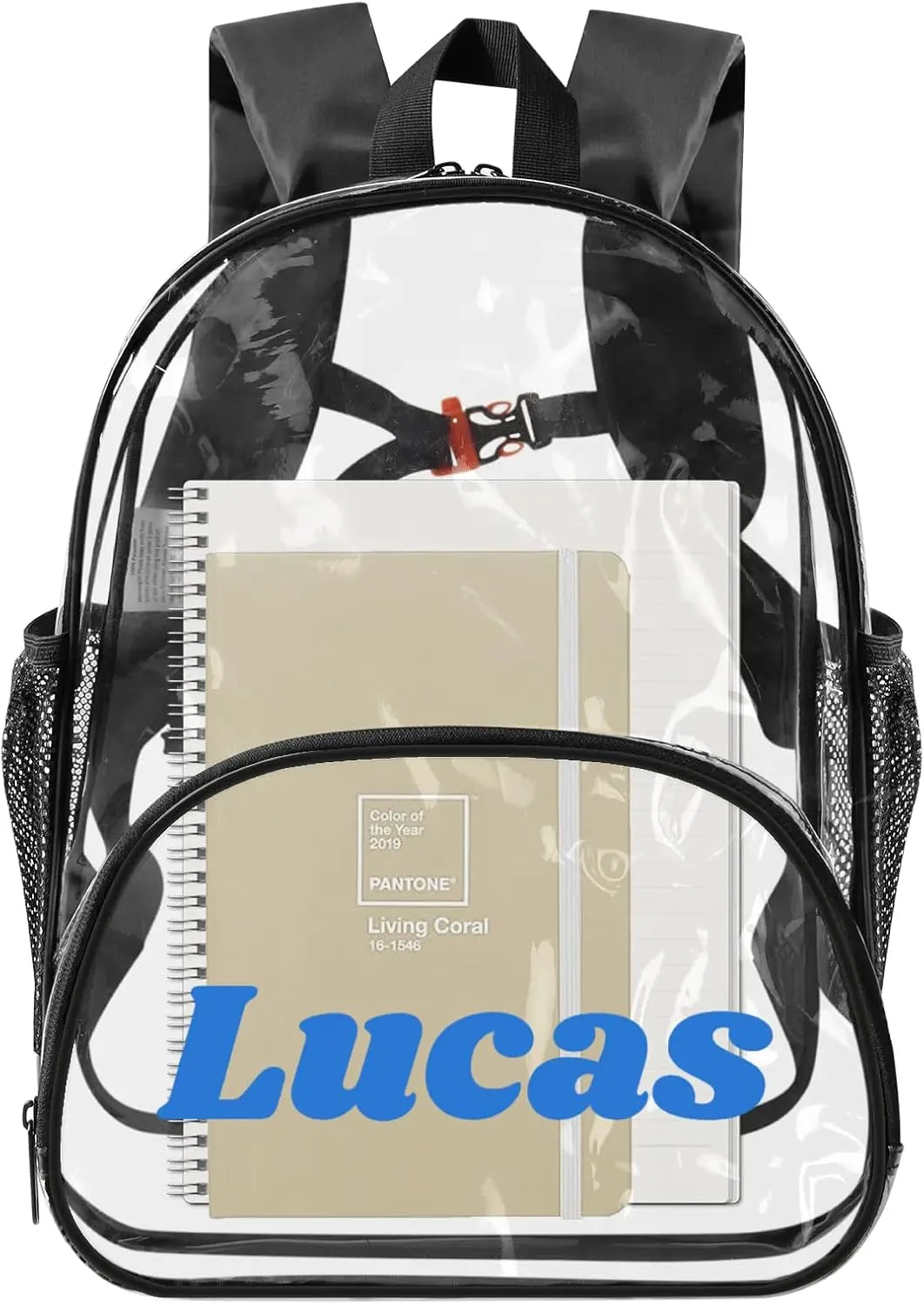Clear Bookbag Personalized Name Transparent Black Backpack, Custom See Through Travel Sport Plastic Waterproof Back Pack PVC with Reinforced Strap