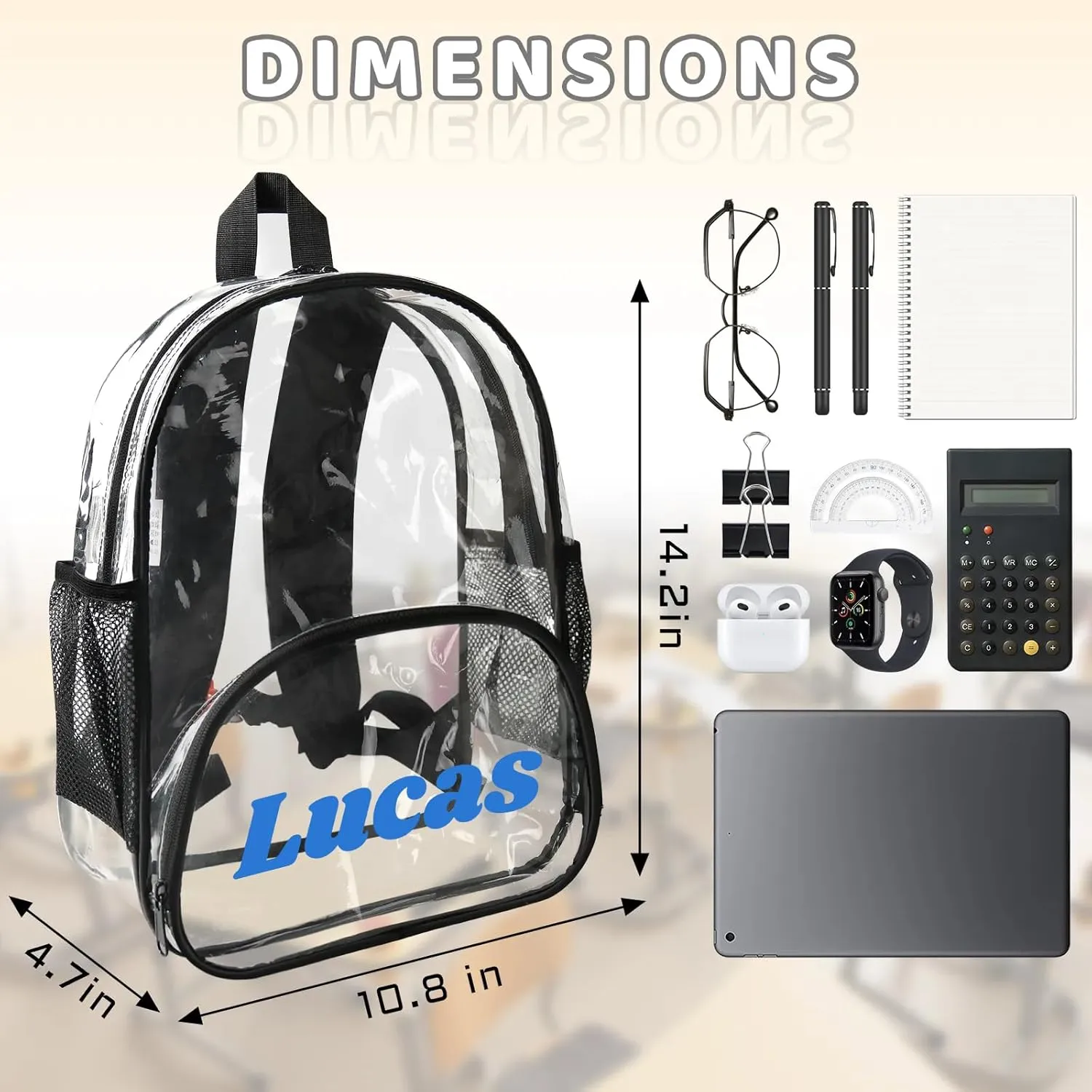 Clear Bookbag Personalized Name Transparent Black Backpack, Custom See Through Travel Sport Plastic Waterproof Back Pack PVC with Reinforced Strap