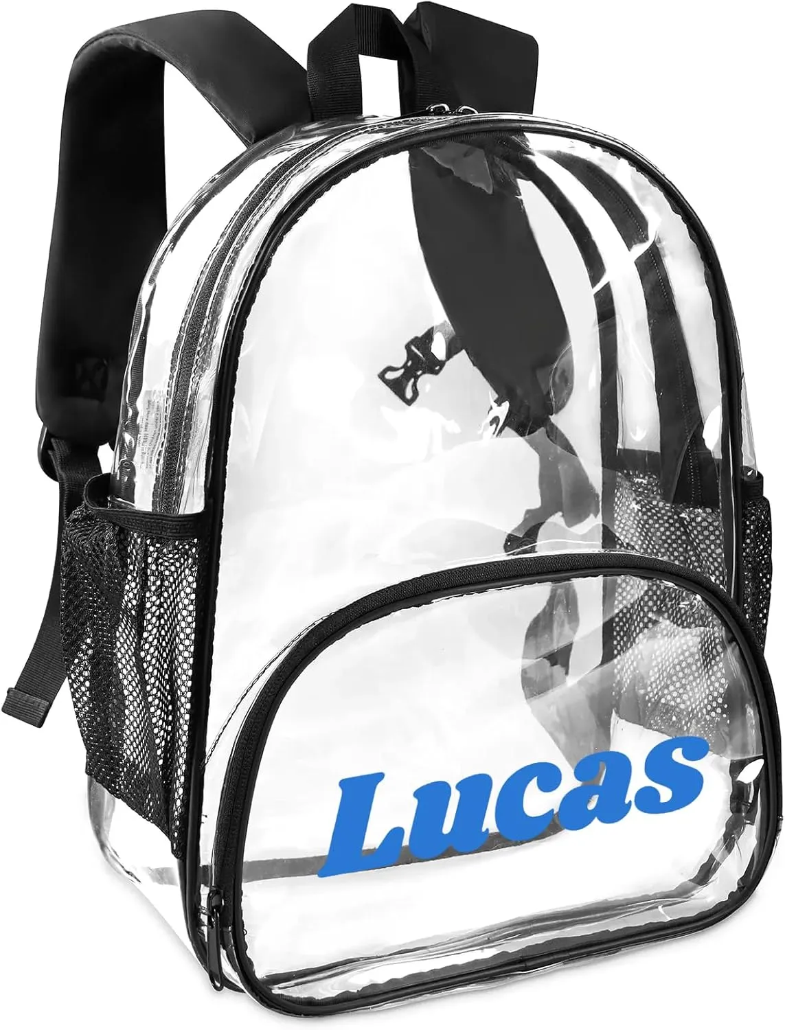 Clear Bookbag Personalized Name Transparent Black Backpack, Custom See Through Travel Sport Plastic Waterproof Back Pack PVC with Reinforced Strap