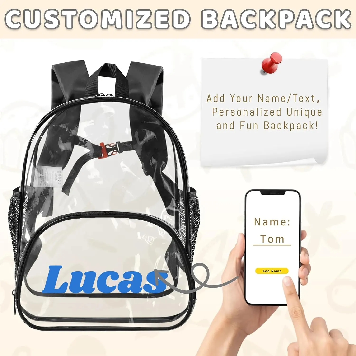 Clear Bookbag Personalized Name Transparent Black Backpack, Custom See Through Travel Sport Plastic Waterproof Back Pack PVC with Reinforced Strap
