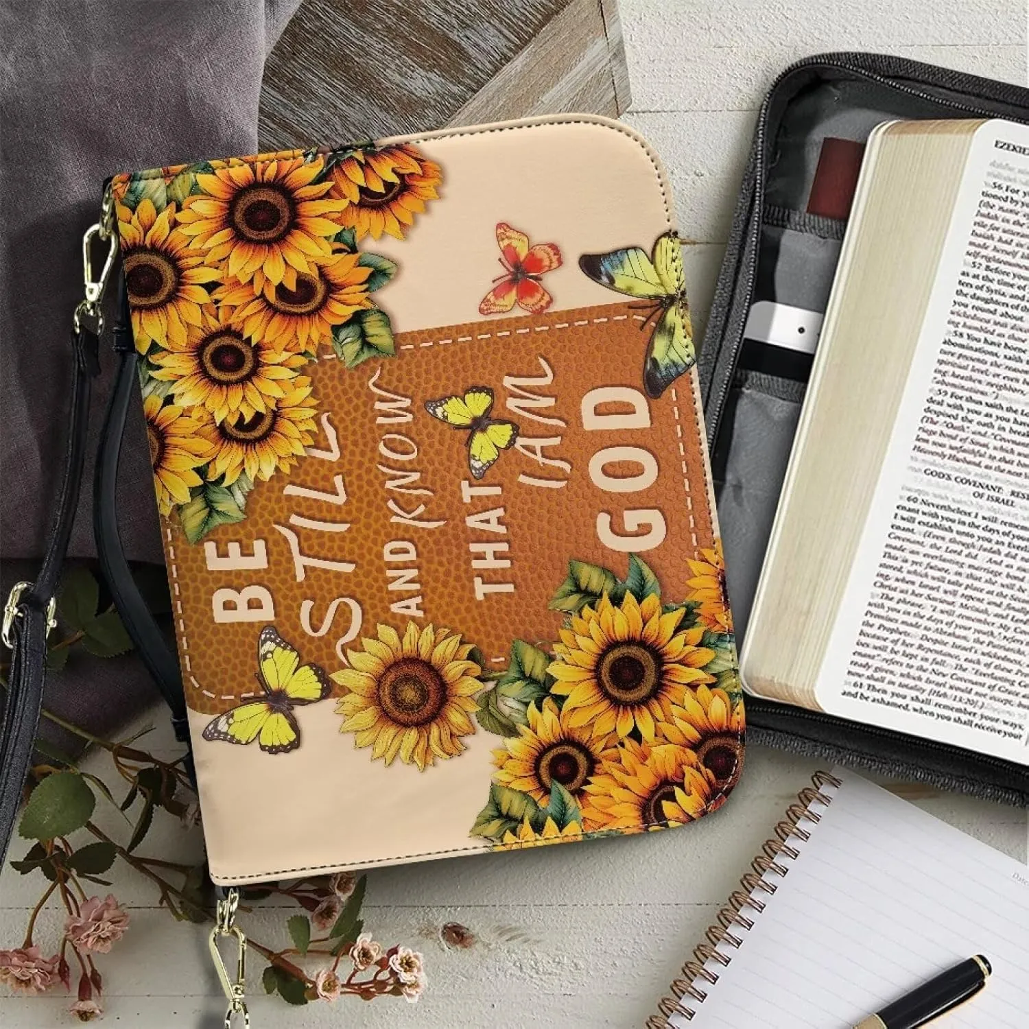 COEQINE Church Bag for Bible and Books Large Size Portable Travel Leather Bible Cover with Shoulder Strap Pink Bible Bag Floral - Your Burdens Upon The Lord and He Will Sustain You