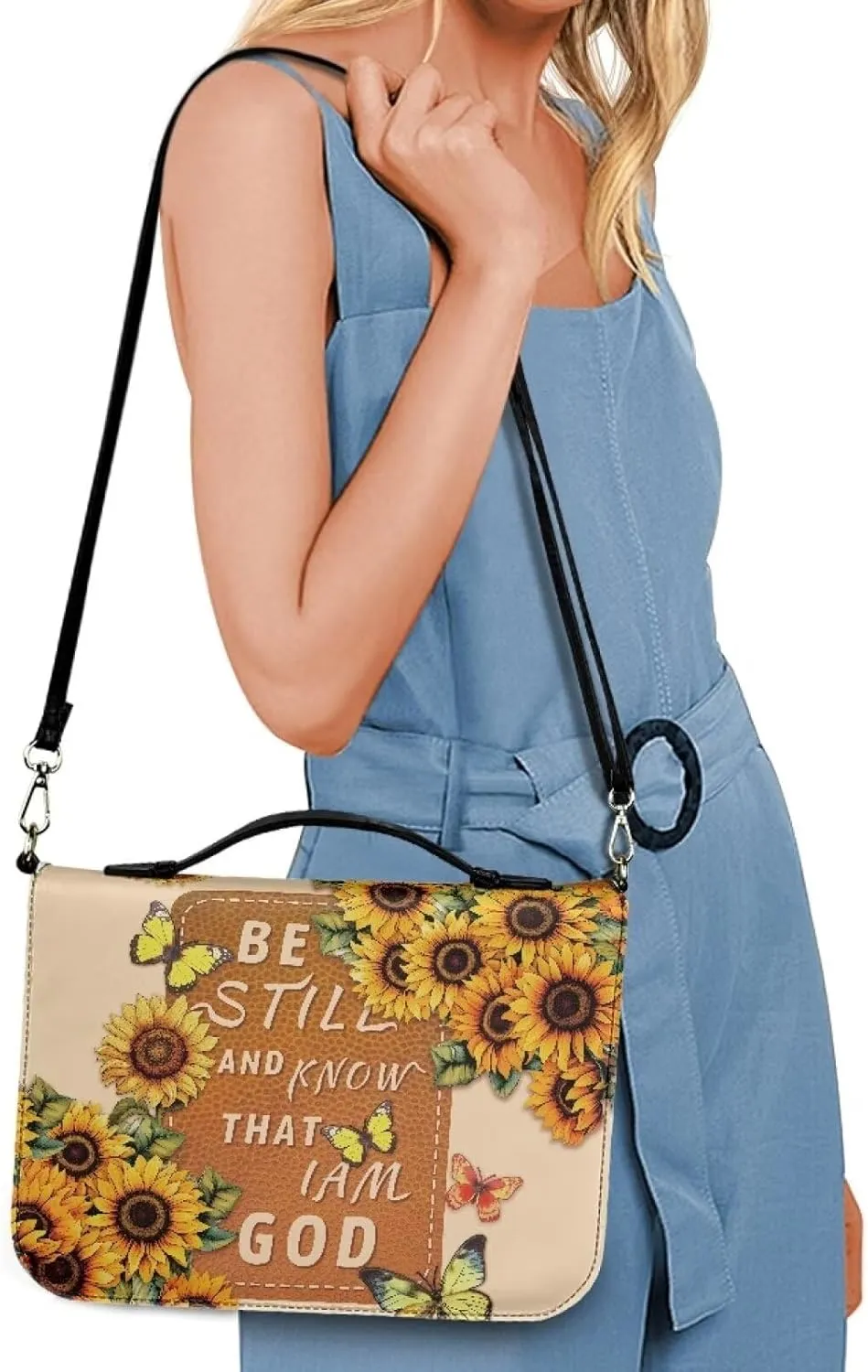 COEQINE Church Bag for Bible and Books Large Size Portable Travel Leather Bible Cover with Shoulder Strap Pink Bible Bag Floral - Your Burdens Upon The Lord and He Will Sustain You