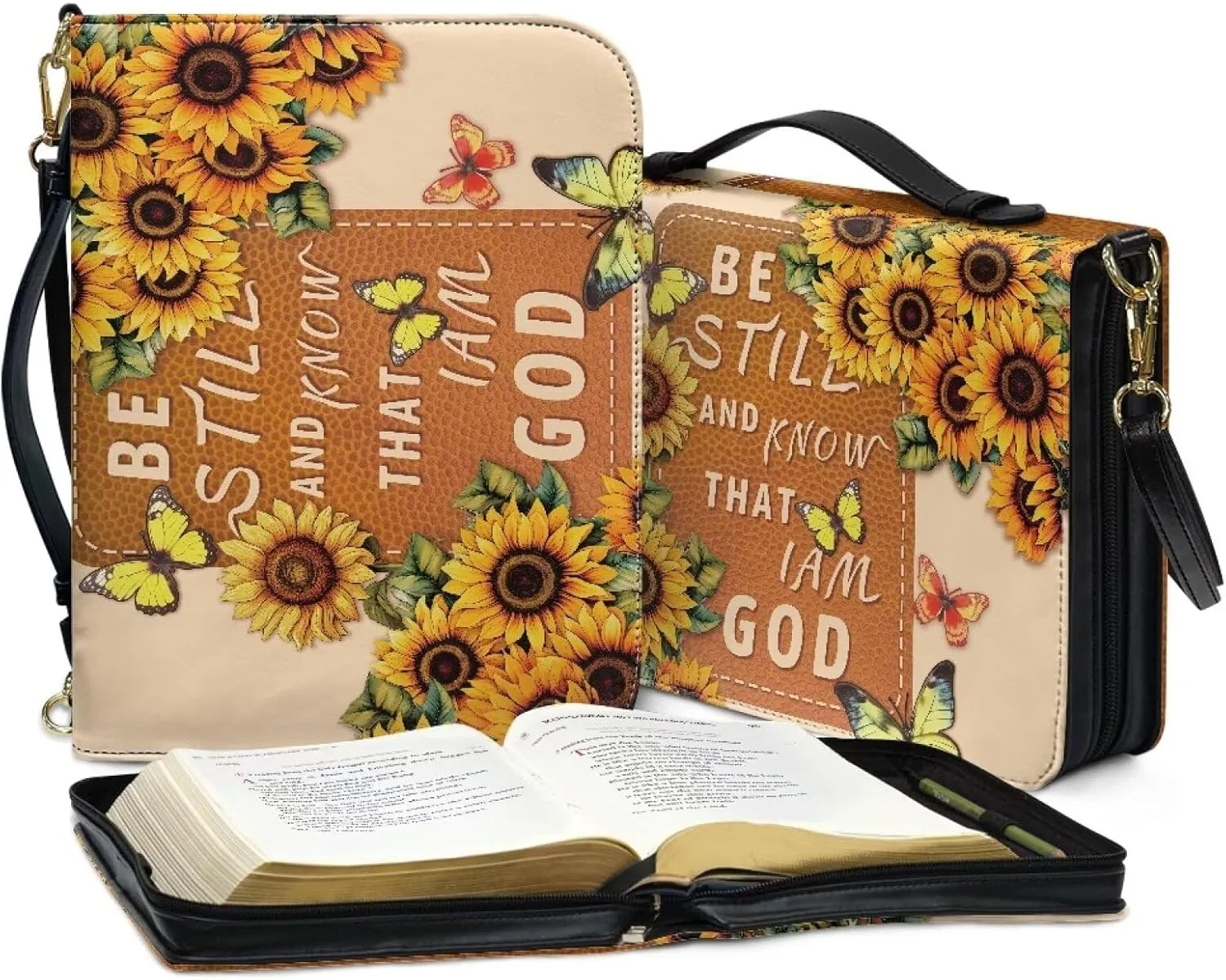 COEQINE Church Bag for Bible and Books Large Size Portable Travel Leather Bible Cover with Shoulder Strap Pink Bible Bag Floral - Your Burdens Upon The Lord and He Will Sustain You