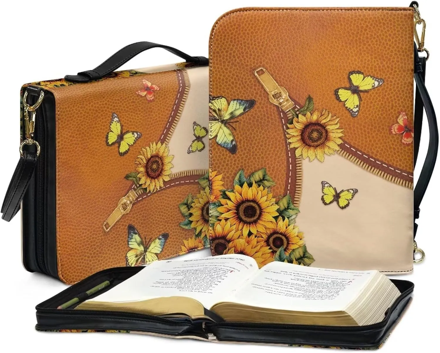 COEQINE Church Bag for Bible and Books Large Size Portable Travel Leather Bible Cover with Shoulder Strap Pink Bible Bag Floral - Your Burdens Upon The Lord and He Will Sustain You
