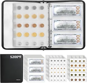 Coin Collection Album with 5200℉ Heat Insulate,400 Pockets Fireproof Coin Book & 36 Paper Money Organizer Binder with Aluminum Foil Lining for Coin Currency Holder,Pennies,Bill,Tokens,Badges