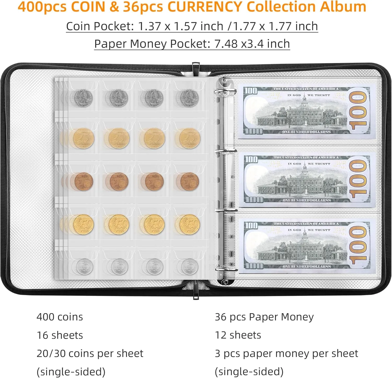 Coin Collection Album with 5200℉ Heat Insulate,400 Pockets Fireproof Coin Book & 36 Paper Money Organizer Binder with Aluminum Foil Lining for Coin Currency Holder,Pennies,Bill,Tokens,Badges
