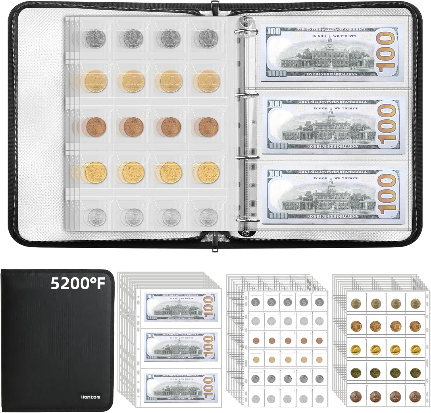 Coin Collection Album with 5200℉ Heat Insulate,400 Pockets Fireproof Coin Book & 36 Paper Money Organizer Binder with Aluminum Foil Lining for Coin Currency Holder,Pennies,Bill,Tokens,Badges