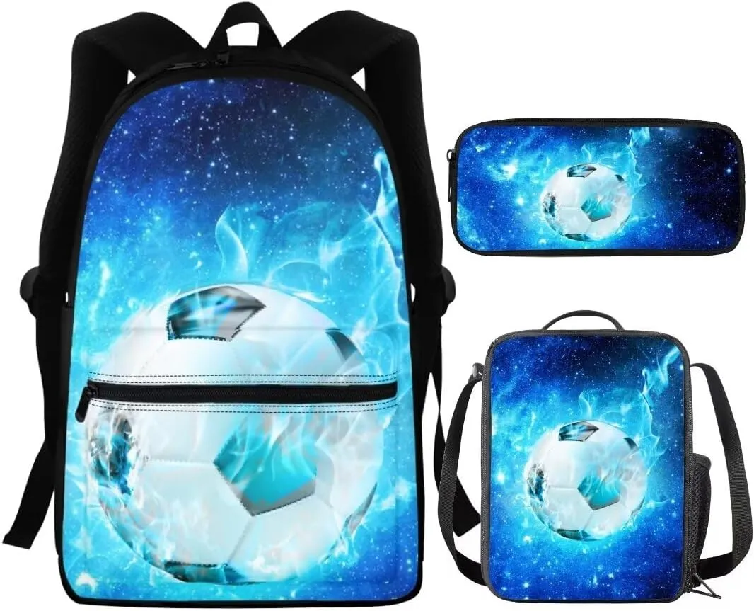 Coldinair Galaxy School Backpack for Boys 10-12,Soccer Flame Bookbag Set for Kids Teen,Elementary Middle School Bag with Shoulder Lunch Bag & Pencil Case,Blue
