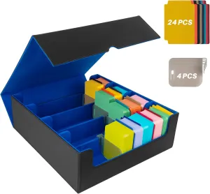 Collectible Trading Card Case - 4 Rows with 24 Card Dividers & 4 Card Supporters, PU Leather Case for MTG, Game & Sport Cards (Black & Blue)