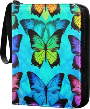 Colorful Butterflies Card Binder 4-Pocket Leather Cover 400 Pockets Card Album Holder Removable Display Storage for Trading Cards, Game Cards, Collectibles