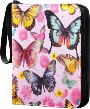 Colorful Butterfly Pink Card Binder 4-Pocket Leather Cover 400 Pockets Card Album Holder Removable Display Storage for Trading Cards, Game Cards, Collectibles