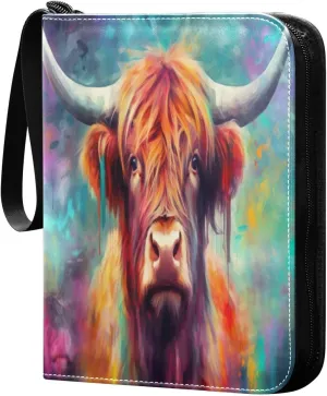 Colorful Highland Cow Card Binder 4-Pocket Leather Cover 400 Pockets Card Album Holder Removable Display Storage for Trading Cards, Game Cards, Collectibles