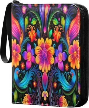 Colorful Mexican Floral Card Binder 4-Pocket Leather Cover 400 Pockets Card Album Holder Removable Display Storage for Trading Cards, Game Cards, Collectibles
