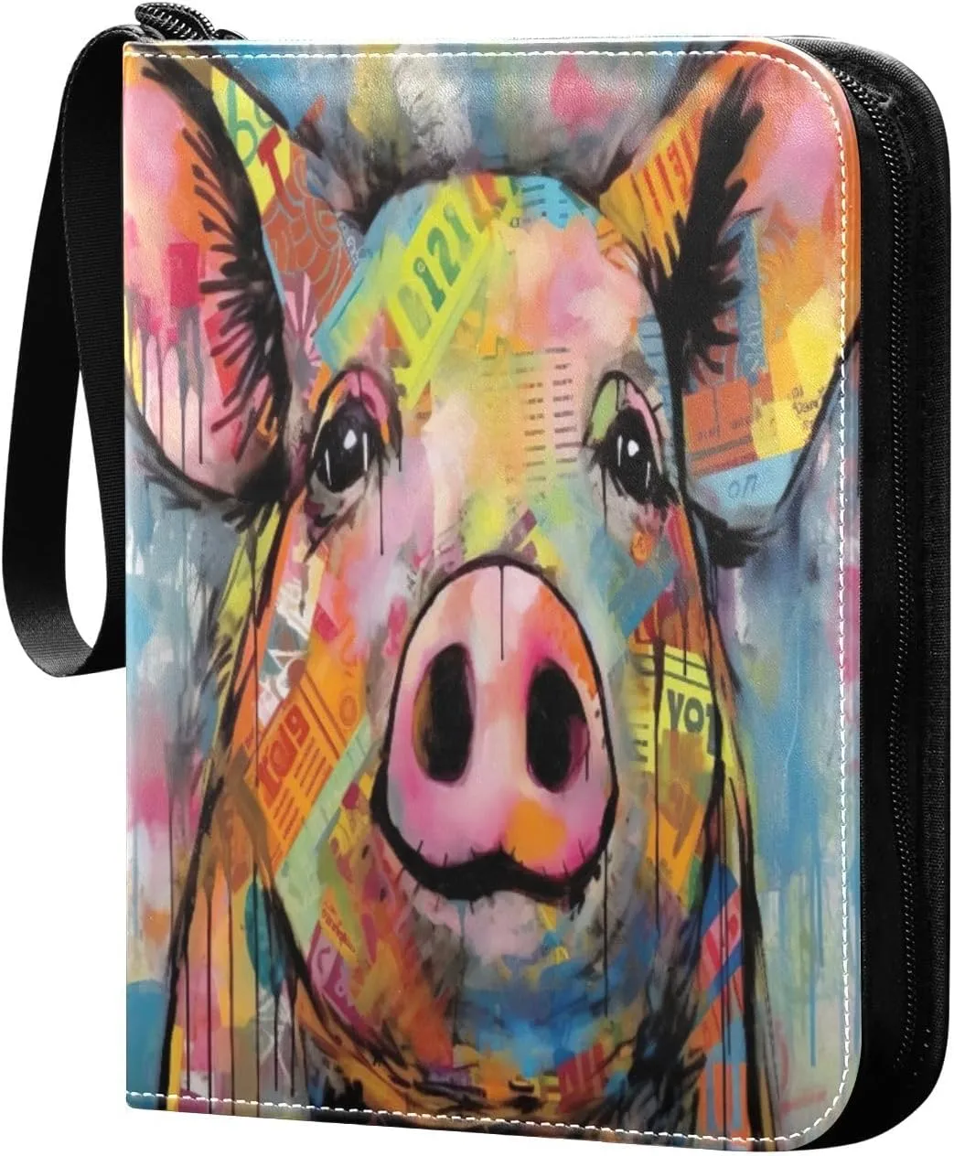 Colorful Pig Art Card Binder 4-Pocket Leather Cover 400 Pockets Card Album Holder Removable Display Storage for Trading Cards, Game Cards, Collectibles