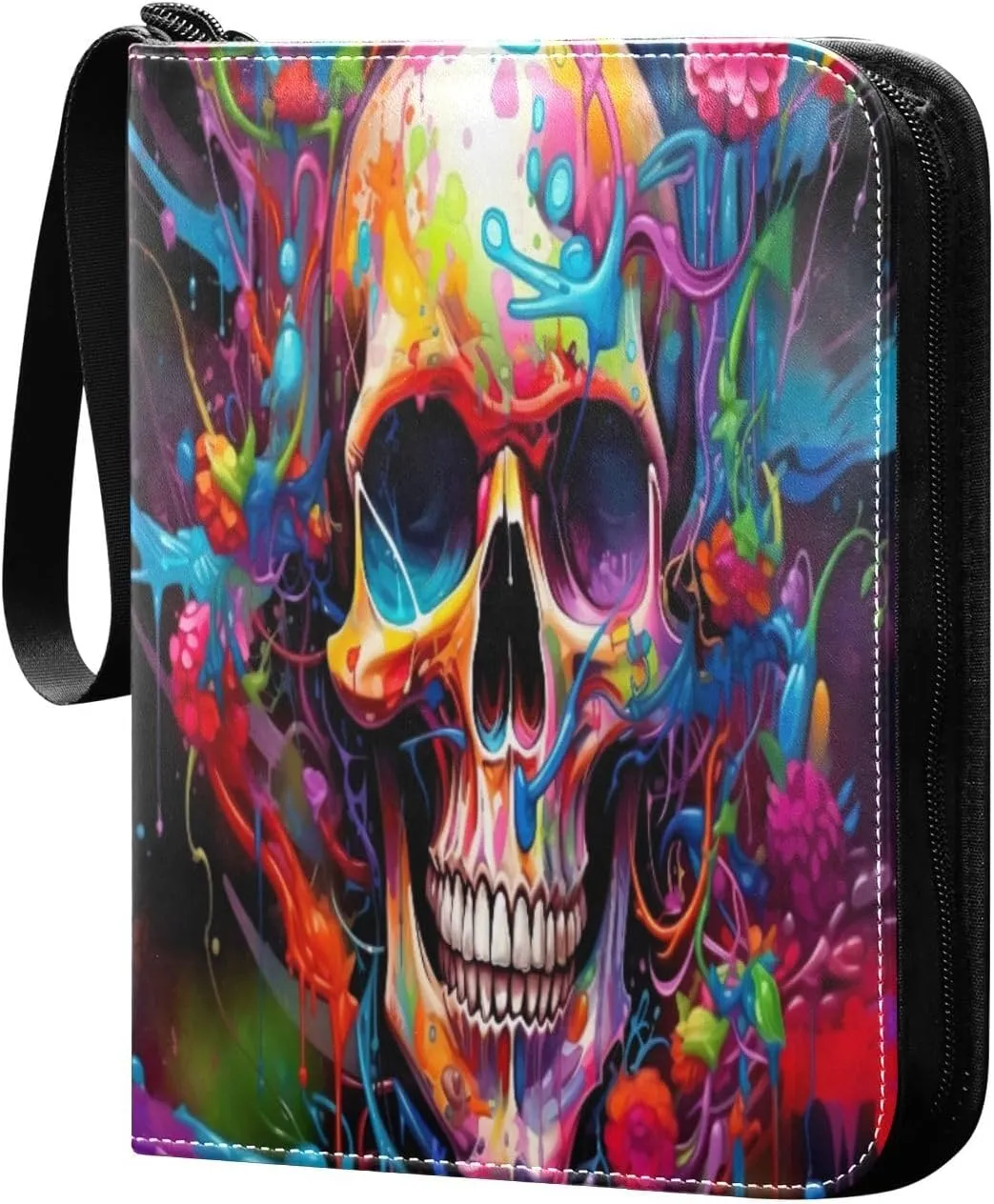 Colorful Skull Card Binder 4-Pocket Leather Cover 400 Pockets Card Album Holder Removable Display Storage for Trading Cards, Game Cards, Collectibles